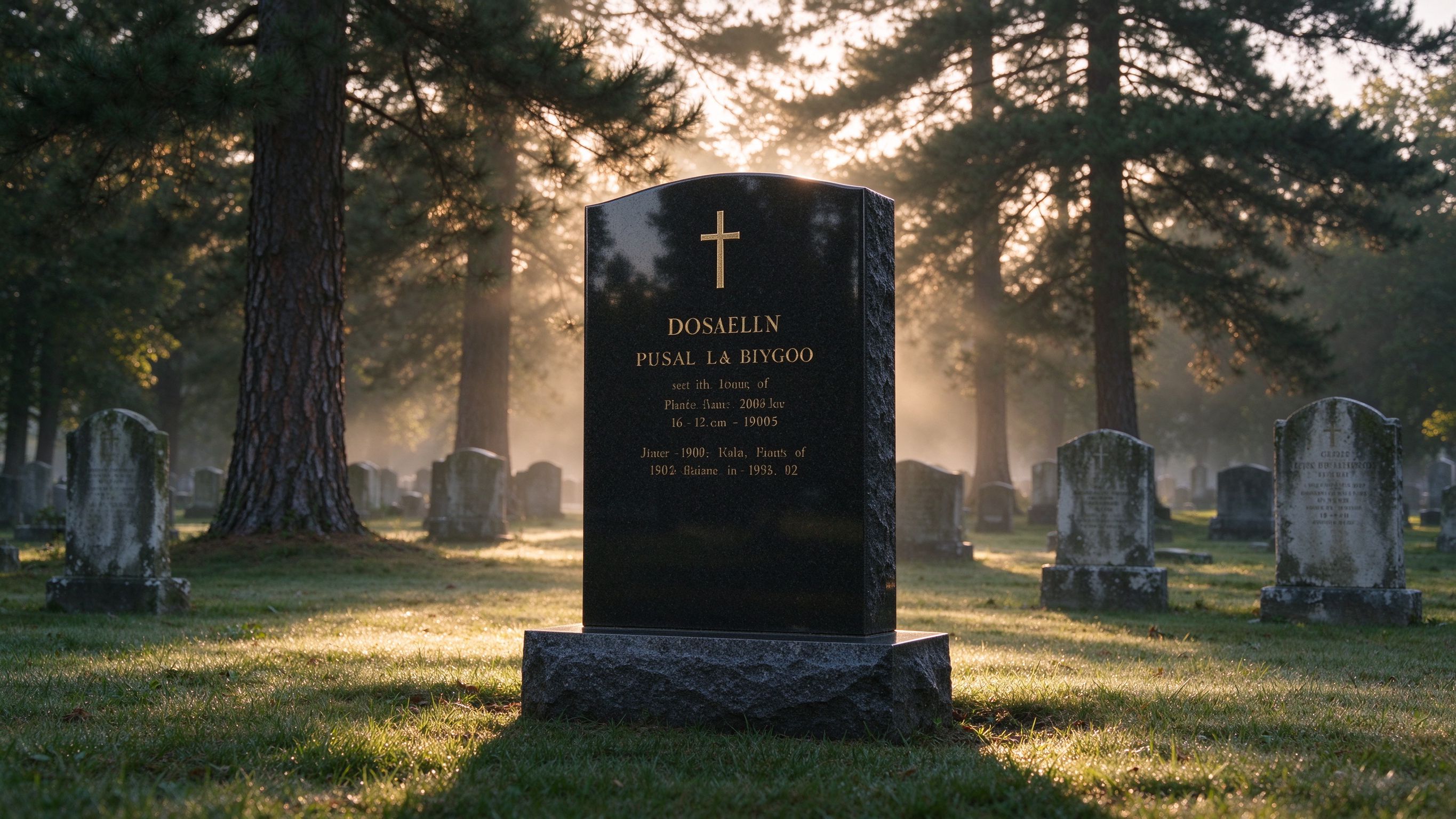 Granite headstone in cemetery at golden hour