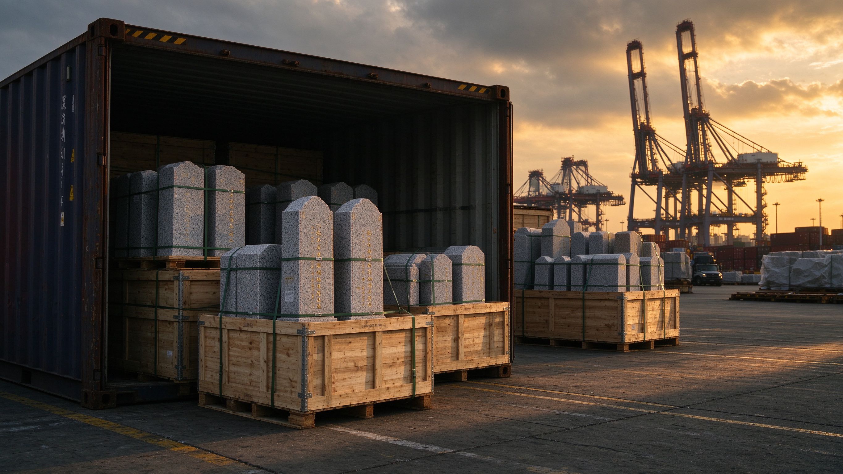 Granite memorial shipping at port